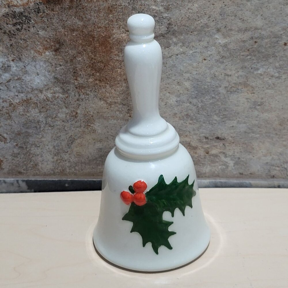 Vintage Christmas Bell Green Holly Leaves Red Berries